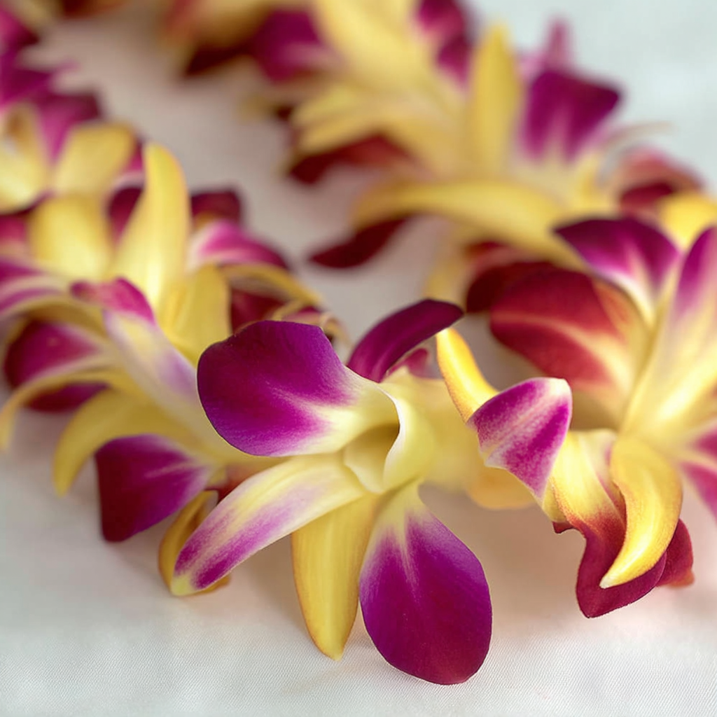 Tinted Yellow on Purple Orchid Lei